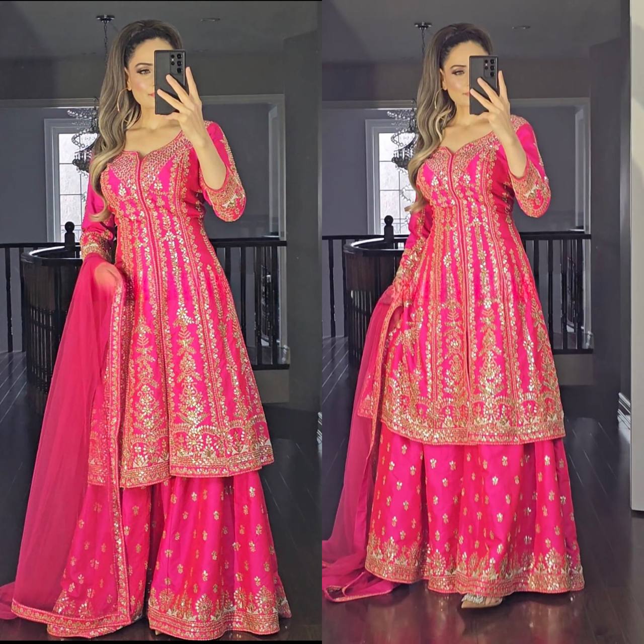 Modern Magenta Heavy Embroidered Ensemble